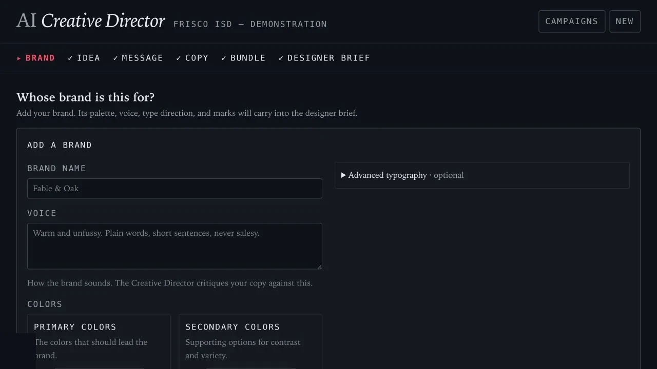 Current Brand stage showing the campaign workflow navigation, brand voice fields, color fields and optional typography