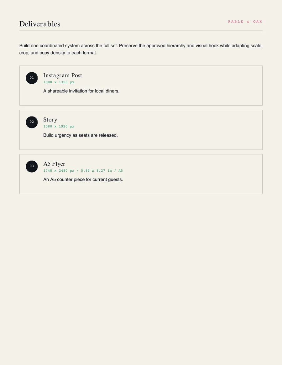 Designer Brief deliverables page with exact sizes for an Instagram post, Story and A5 flyer