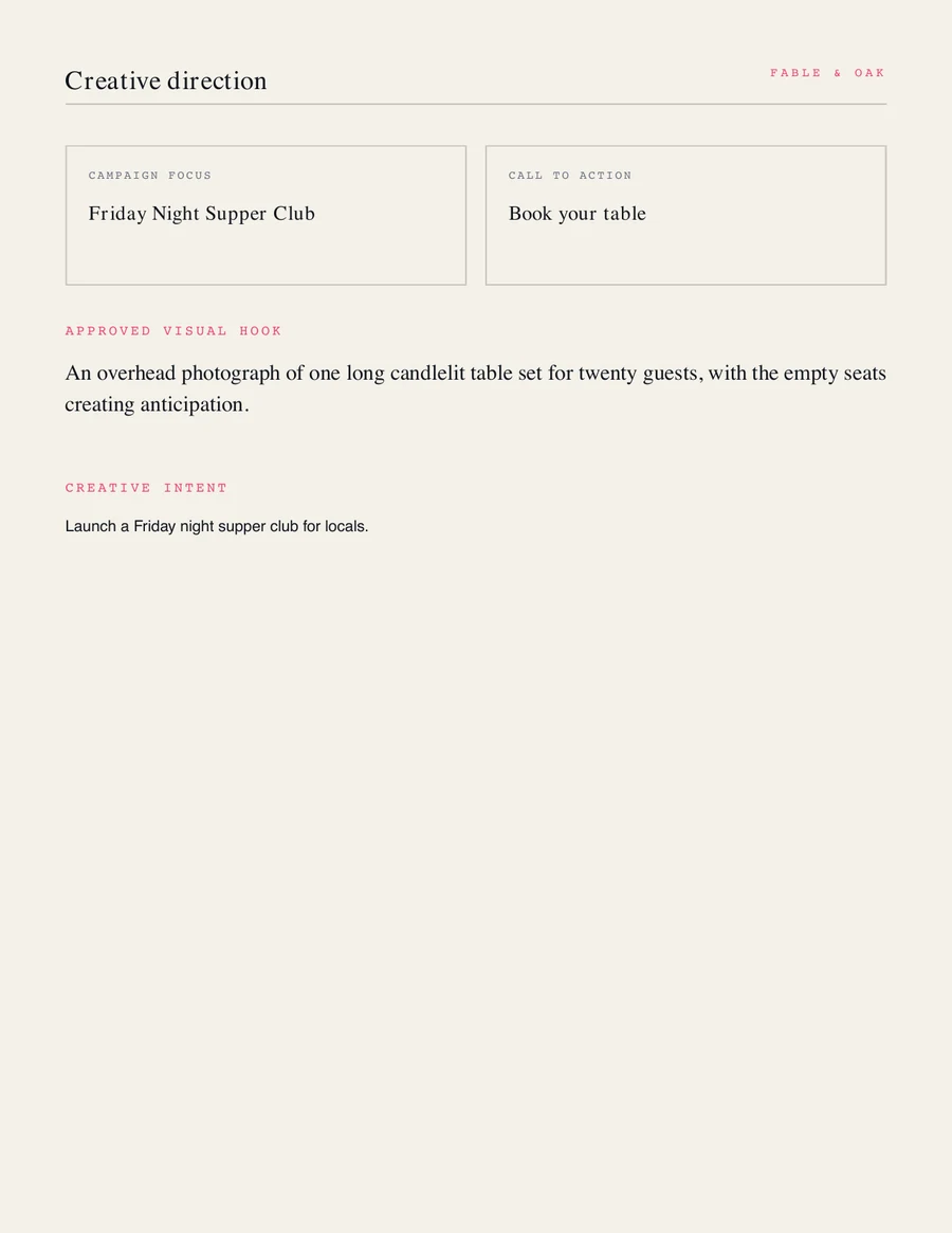 Creative direction page showing approved campaign focus, call to action and visual hook