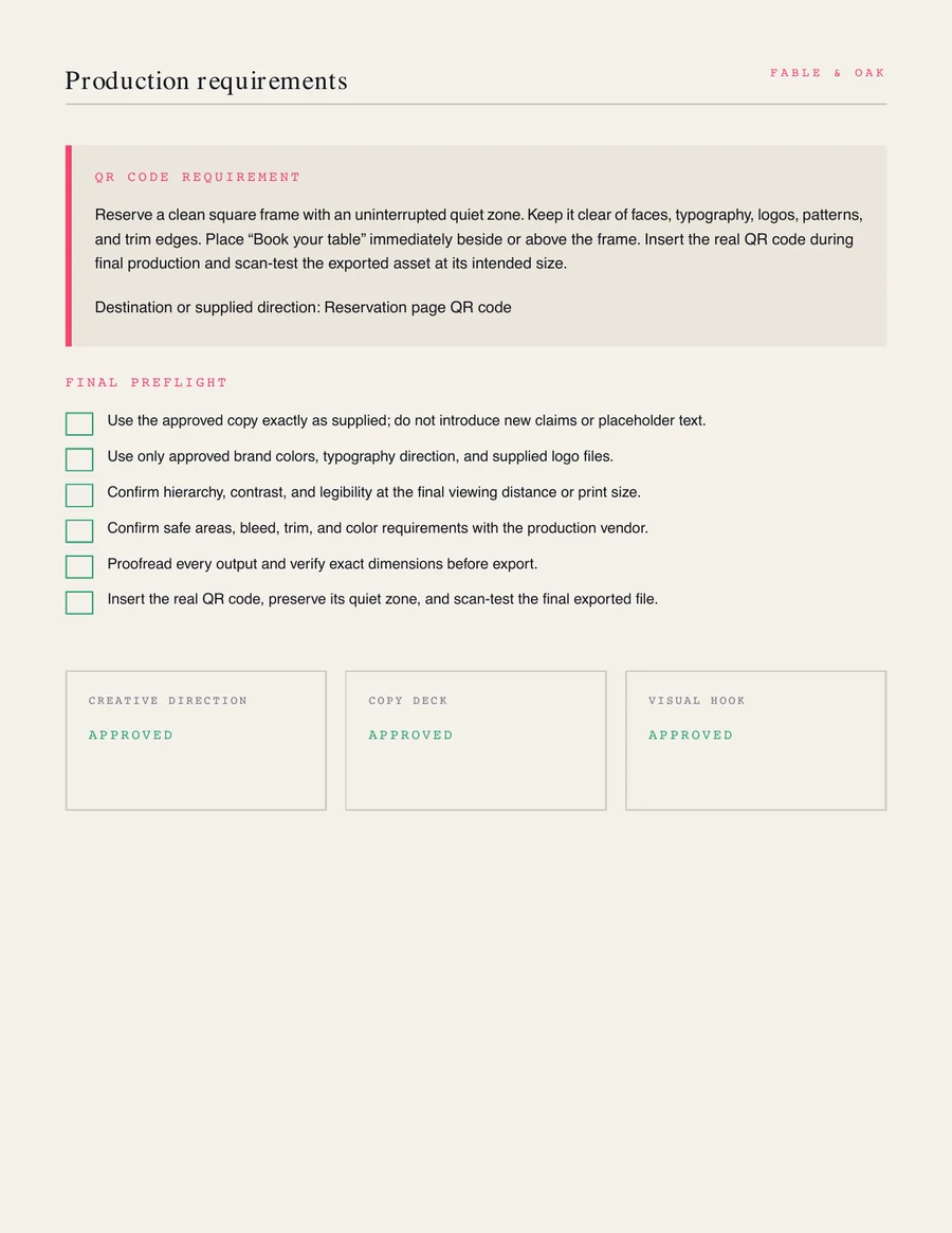 Designer Brief production requirements page with QR placement and preflight checks