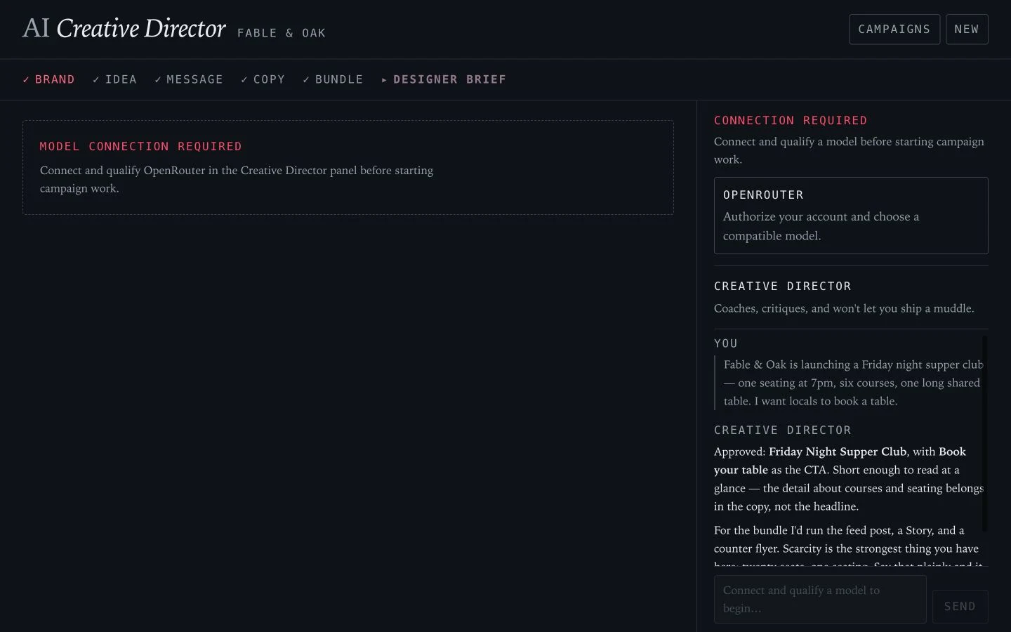 Current initial AI Creative Director screen requiring an OpenRouter connection before campaign work begins
