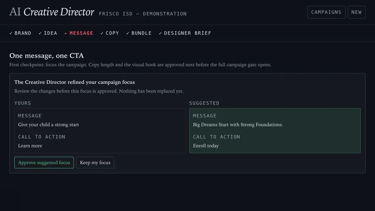 Current Message stage comparing the user's campaign focus and call to action with a suggested revision and explicit approval controls