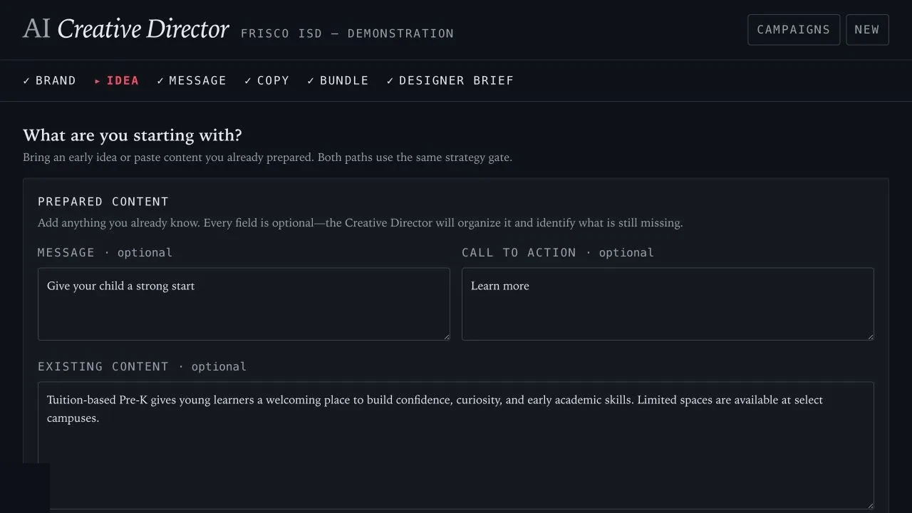 Current prepared-content intake with optional message, call to action and existing content fields