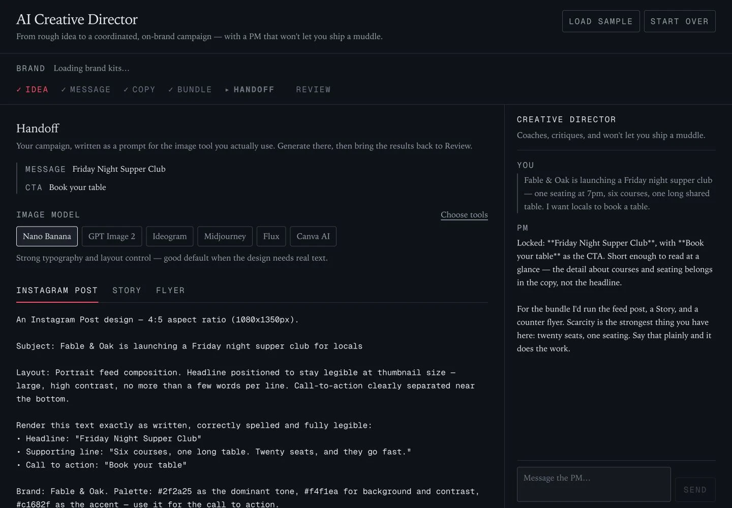 Archived earlier AI Creative Director version showing the discontinued image-model prompt handoff and Review stage