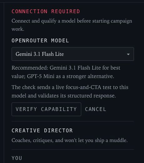Current AI Creative Director model qualification panel with a selected model and the Verify capability button clearly visible