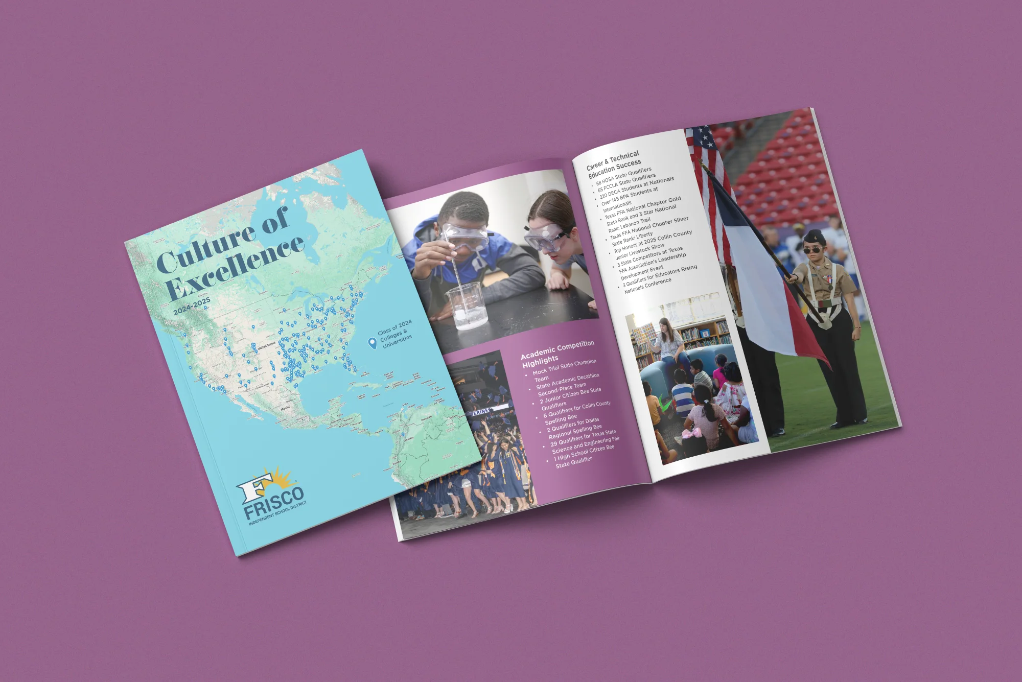 Culture of Excellence report cover and interior spreads arranged on a mauve background