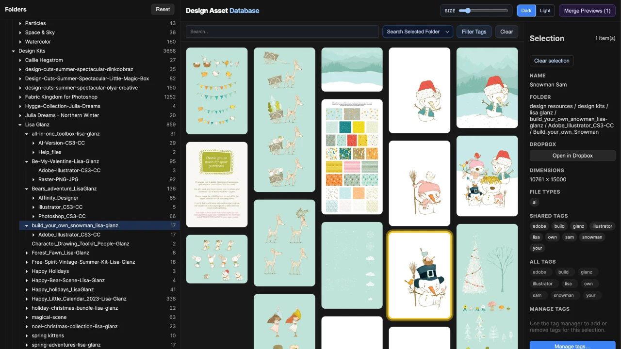 Design Asset Database interface showing a searchable masonry grid of individual creative assets