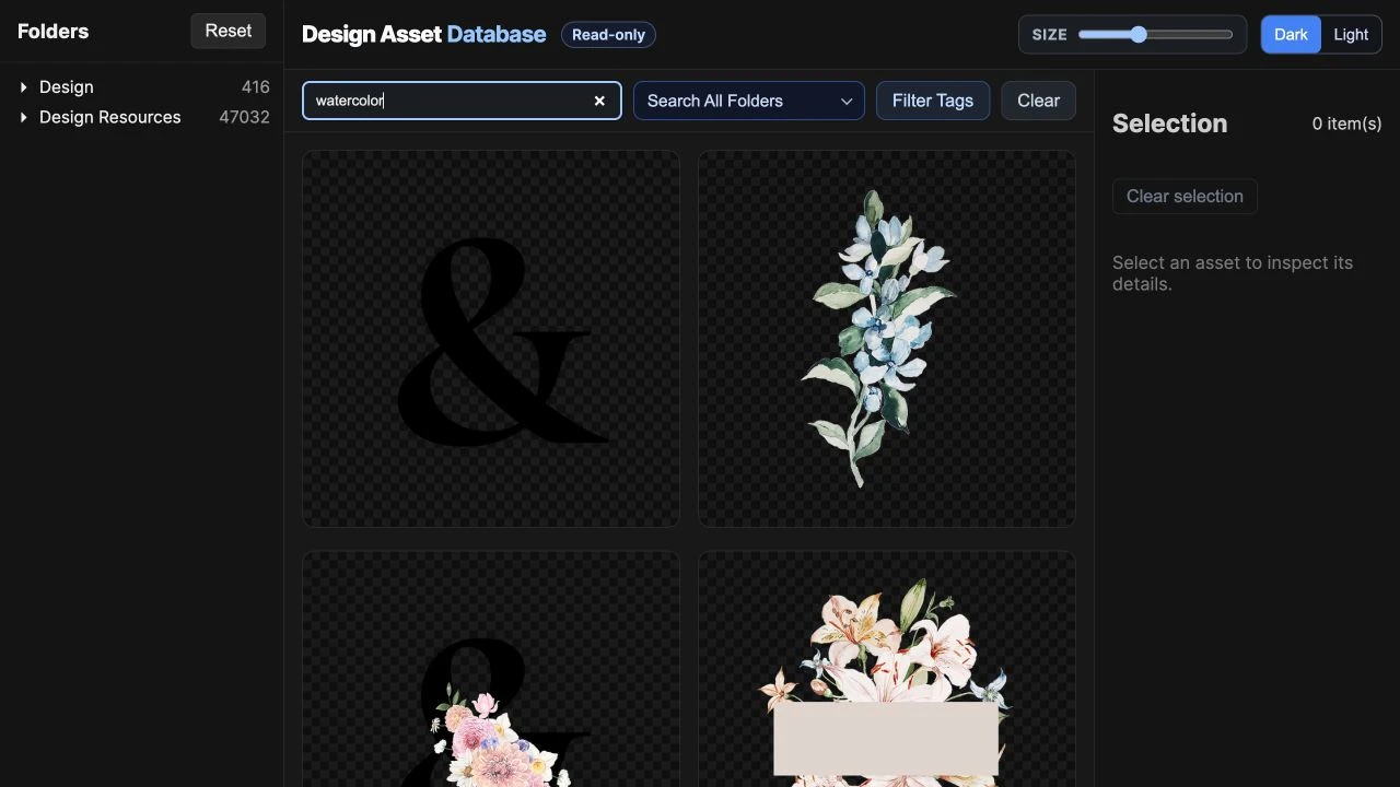 Read-only viewer searching all folders for watercolor and showing matching visual assets