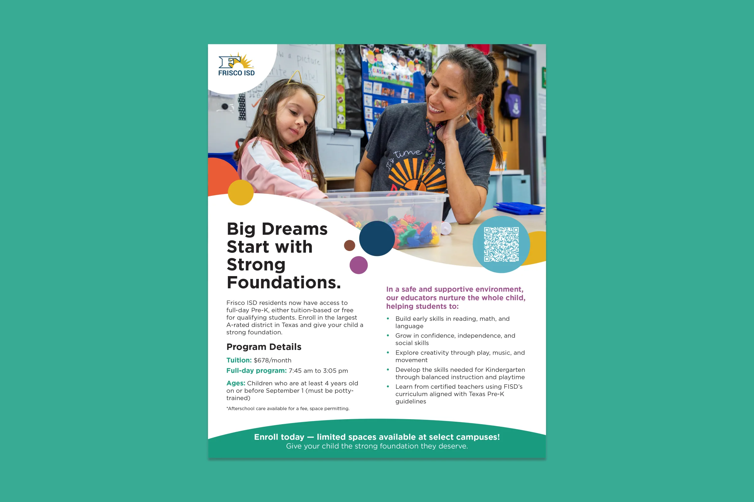 Detailed Pre-K enrollment flyer with student photography, program information and QR code
