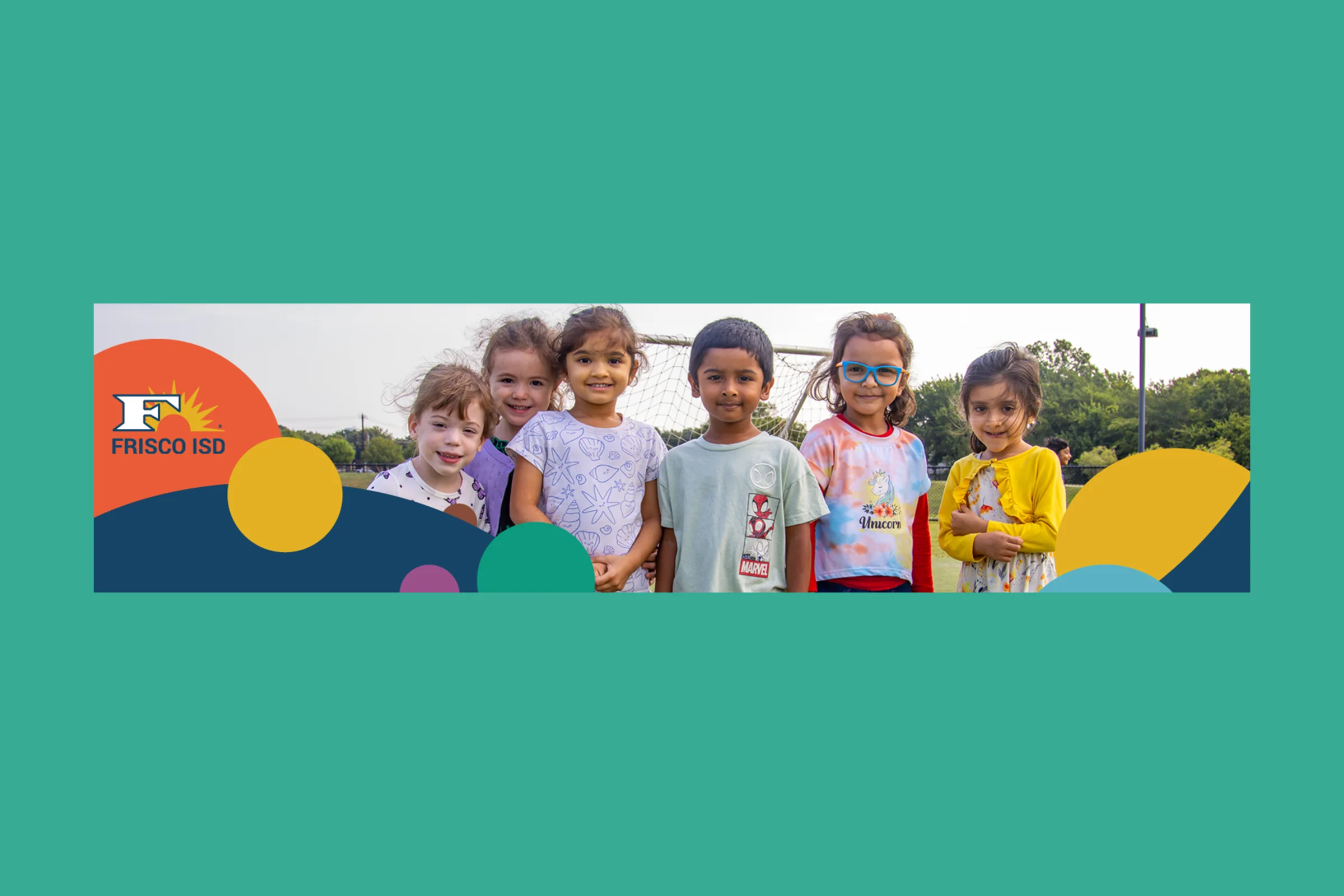 Wide Pre-K family banner featuring a group of students and the campaign color circles
