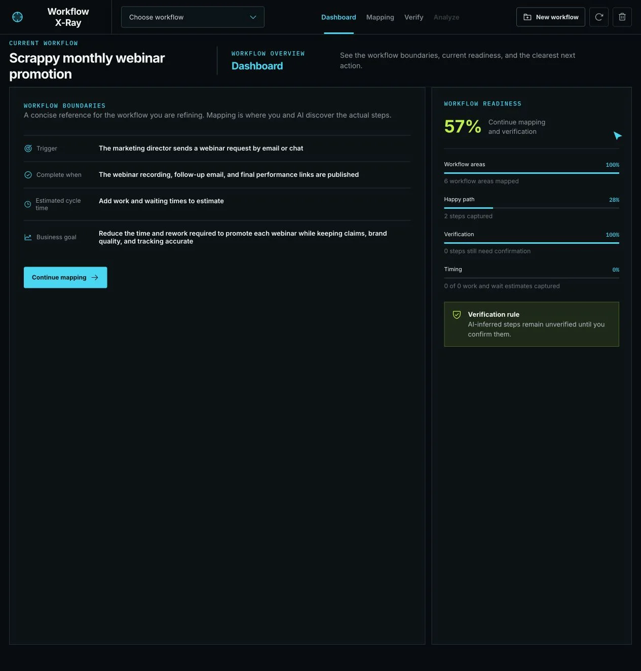 Earlier dark Workflow X-Ray interface with dense panels and high-contrast chrome