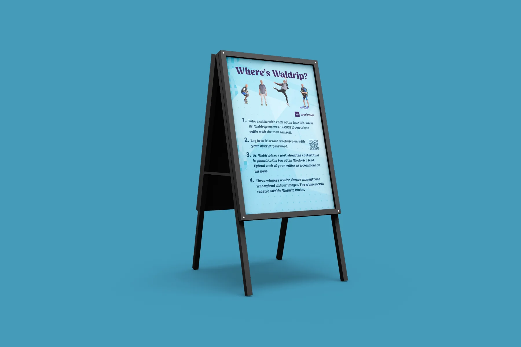 Where’s Waldrip participation instructions on an A-frame sign